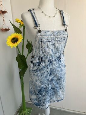 Vintage 80s Denim Acid Wash Overall Mini Dress w/ Blue & White Stripe Detailing